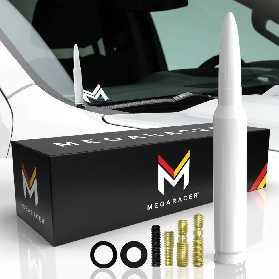 White Universal 50 Cal Bullet Antenna Silverado 1500 Ford F150 RAM GMC Sierra Jeep Wrangler Bronco Tundra